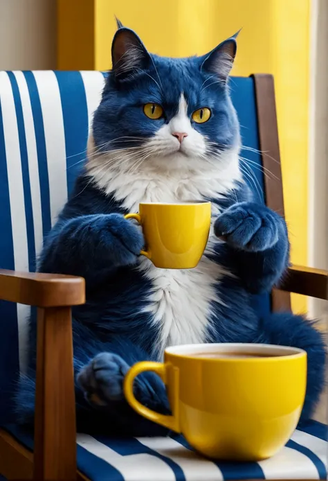  
Blue cat, Its fur color alternates between dark blue and white stripes,   sitting in a chair, holds in his paw one bright yellow cup of coffee that is steaming,  Высоко детализированные обои CG Unity 8k, (masterpiece, Best quality, high quality), super t...