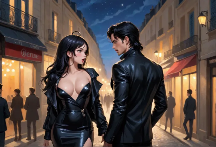 At night, in a french street, a sexy woman wearing nice dress and showing off her ass and showing her tongue to a handsome dark hair man bad boy. the man is wearing a black jacket
