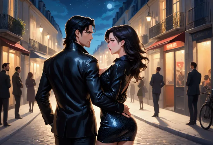 At night, in a french street, a sexy woman wearing nice dress and showing off her ass and showing her tongue to a handsome dark hair man bad boy. the man is wearing a black jacket
