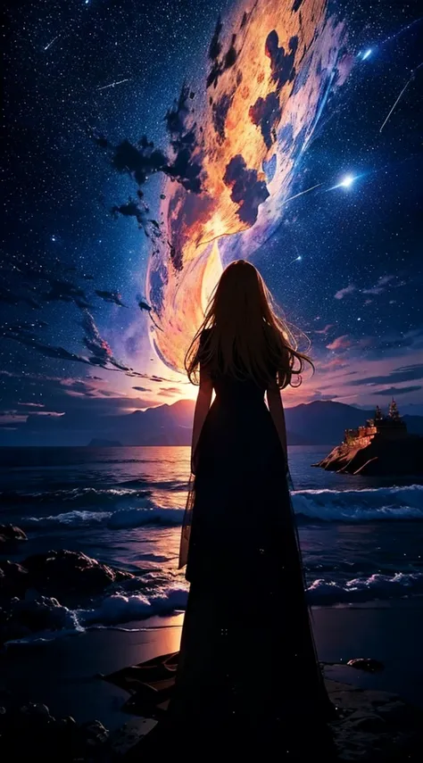 １people々々々,Blonde long-haired woman， Dress Silhouette， Rear View，Raise your hand to grab something，Space Sky, The boundary between sea and space，