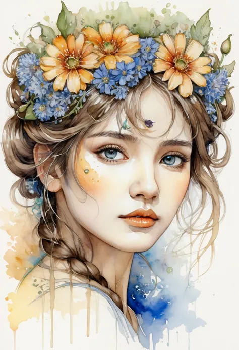 Sketch drawn with watercolor，A highly detailed head portrait showing her with flowers in her hair, Extremely detailed eyes, beautiful eyes, Image perfectly centered, White space around the drawing, Focus on facial lines, Drip watercolor, Ink Outline, The A...