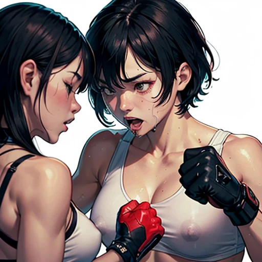 a bloody japanese girl fighter and a lady fighter is fighting in the octagon ring. the lady. the lady is punching the girls face so hard in a series . the girl has no energy. the girl is crying and screaming. the girl has short-cut black hair, shortness of...