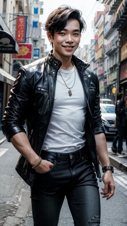 solo , 1man , thai man , leather jacket , white shirt , black jeans , happy face