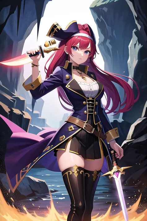 beautiful pirate woman with a shining sword in a gloomy cave