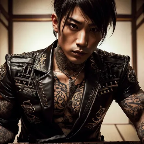 1 man, Japanese man, male, Asian eyes, muscular, broad shoulders, yakuza tattoos, hairstyle Visual Kei style, hair Visual Kei, black mens shirt and black pants, ultra detailed face, hyperrealistic, realistic representation, long hair, long hair, 30 years o...