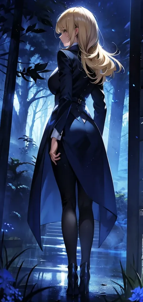 Blonde woman，Long coat，Rear View，silhouette，Blue Forest，blue night，blue Moon，