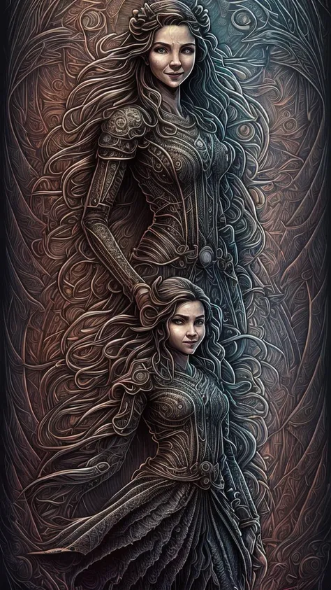 Front view one head, Long Dress (the A smiling girl of unknown beauty with wet hair strict office hairstyle and charming makeup:1.1) art, symmetrical artistic sharp art, (dan mumford style:1.1), hdr, realism, strong lines, dark fantasy atmosphere, lovecraf...