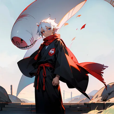 1male, Modern Undercut Hair ,Young Male, Curly White Hair , Pale Blue Eyes , Dark Skin ,White Yukata,Black Fitted Sleeves, Red Scarf, White Ninja Clothing , Calm Expression , Standing on Path