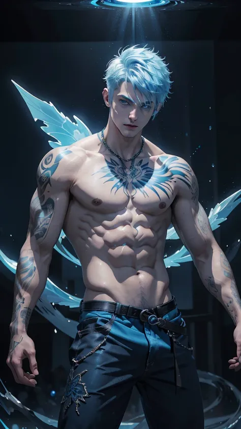 Design handsome man. 22 year old man with glowing toxedo.Light blue hair blue eyes. Crea un fondo de llamas ((mejorar rostro))((fighting))((magic fight)) whitentranslucent blue hair. Glowing blue tattos