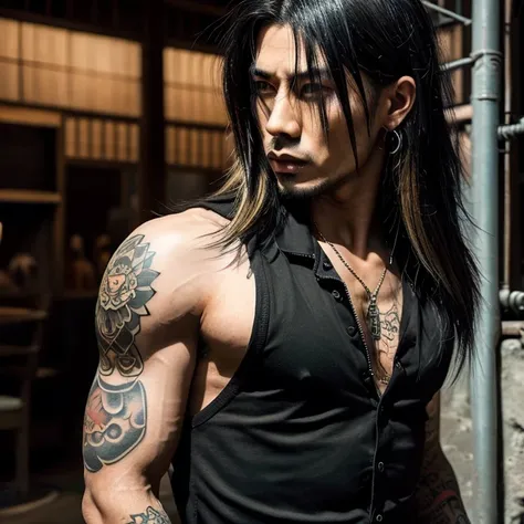 1 man, Japanese man, male, Asian eyes, muscular, broad shoulders, yakuza tattoos, hairstyle Visual Kei style, hair Visual Kei, black mens shirt and black pants, ultra detailed face, hyperrealistic, realistic representation, long hair, long hair, 30 years o...