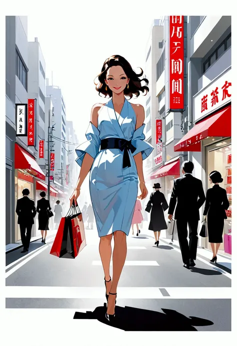 Japanese women、Tokyo、shopping、smile、whole body、Walking around the city、David Downton&#39;s Fashion Illustrations,