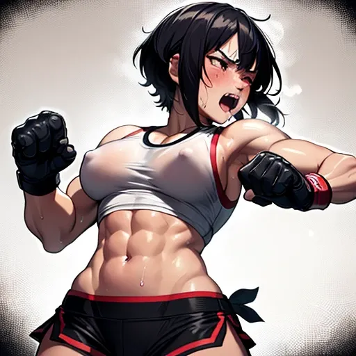 full body two persons. a bloody japanese girl fighter and a lady fighter is fighting in the octagon ring. the lady. the lady is punching the girls face so hard in a series . the girl has no energy. the girl is crying and screaming. the girl has short-cut b...