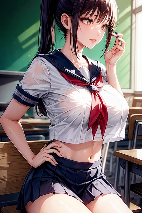 Makima (Chainsaw Man), woman, sexy woman, mature female, mommy, sharp eyes, detailed lips, big breast, short sleeves sailor uniform, sexy sit, classroom, teasing smile, seductive lips, adjusting hair, short skirt, hunter eyes, looking back, midriff peek, e...