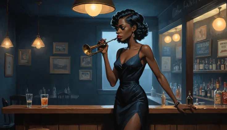 robert johnson, gritty, alabama bar, blue note, charismatic , black dress, illustration, noir fantasy, lone irish lady, sad ending, saxophonist