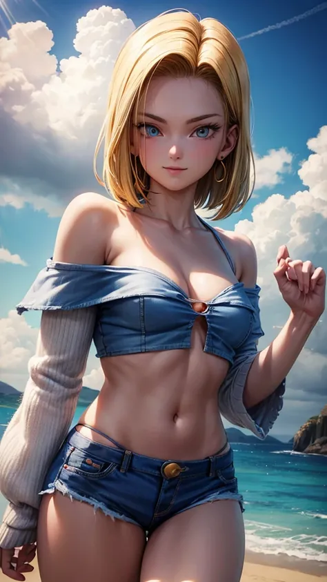 masterpiece， Highest quality， Super detailed， Absurd， Portrait Beautiful Android 18db， alone， 耳Nipple Ring， (bikini:1.5)，Inadequate clothing，gem， (Off-the-shoulder clothing:1.5)，Cleavage， Upper body close-up，smile， String， Best， cloud， Sky Sky， Daisy， outs...