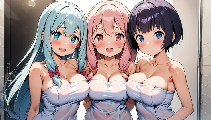 symmetrical_docking, 5girls, (1girl, Izumi Sagiri, eromanga sensei_1girl, Senju Muramasa, eromanga sensei_1girl, yamada elf, eromanga sensei, docking), (Aesthetic Anime Eyes ,tareme), (curvy),Slender,large breasts, perfect shiny skin, (Naked Towel, (see-th...