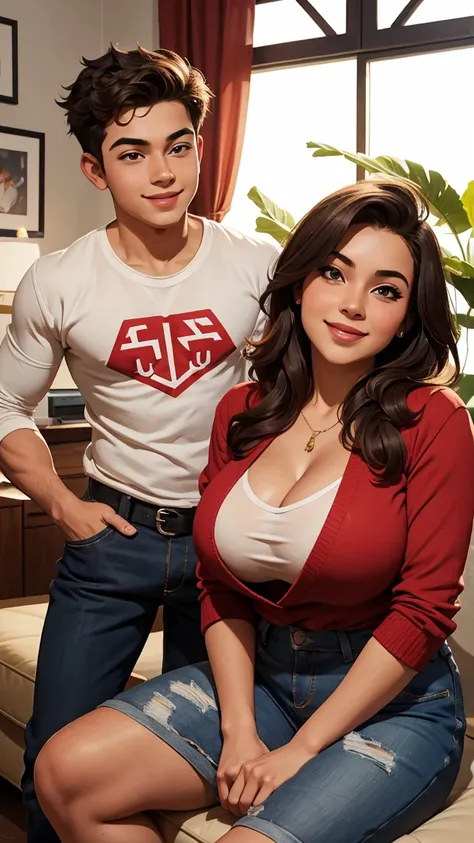 Busty woman and teen boy. couple. aunty. Revealing casual outfit. seducing smile, livingroom