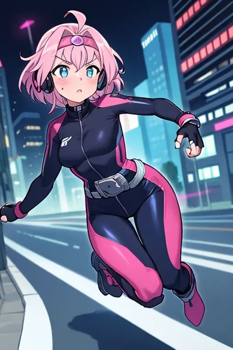 ((best quality)), ((masterpiece)), (detailed), 1 girl, full body, 20s, young adult, masked, black mask covering her entire head, smooth head, biker helmet, biker helmet with blue headphones on the sides, flashlight on her forehead, short pink hair coming o...