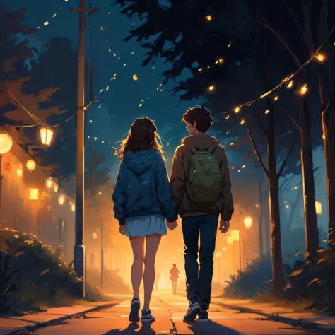 two people walking down a street at night with the lights on, background illustrations, makoto shinkai cyril rolando, Walking together, Cyril Rolando and Goro Fujita, inspired by Cyril Rolando, In the style of Cyril Rolando, Lofi Style, Lofi Stylestyle, in...