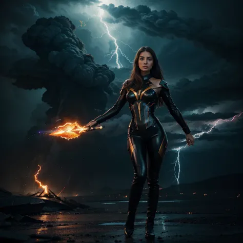 A incredibly stunning gorgeous lady stepping our of a fiery black energy rift surrounded by a bolt of lightning that seems to be locked into place, flawlessly rendered, in highest resolution possibly and in immaculate detail, perfectly focused and with cry...