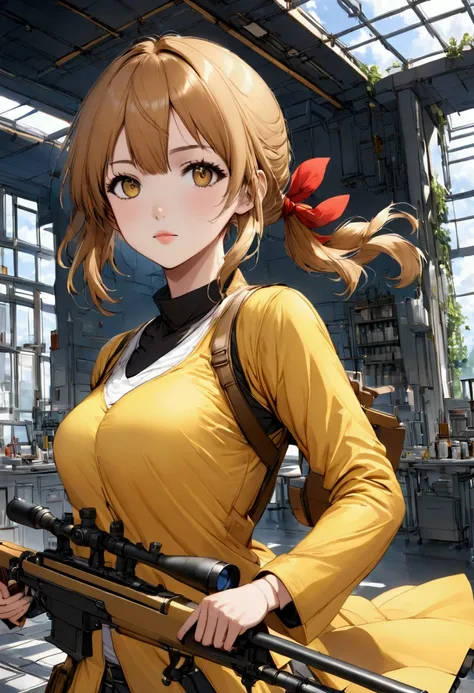 a 24 year old girl, hair tied,color marron, very similar to yuuki futaba, dressed in a yellow hunter uniform, holding a sniper r...