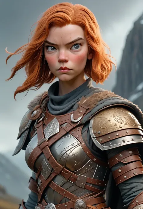 A full-body portrait of Anya Taylor-Joy as a fierce Viking Warrior mutant, rendered in a realistic and highly detailed digital painting style. She stands confidently, exuding strength and determination. Her striking features are framed by her short, tousle...