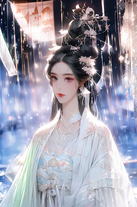 black hair, immortal cultivation, royal sister, white robe, hime cut, hair scrunchie, romanticism, gothic art, ray tracing, cine...