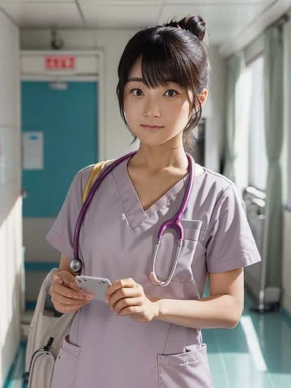 girl, alone, bun hair, medical scrub、white scrub、female nurse、hold in hand、short sleeve、long trousers、name tag, (id card)、strap,...