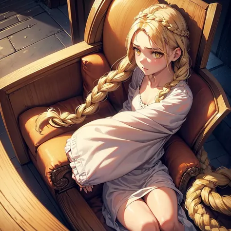 A woman, 20 years, by the wide, by white, honey yellow eyes, small braids in her hair, chest a little big, beautiful body, fearful eyes, shy facial and body expressions, sloppy clothes, full body, sitting in an armchair, view from above