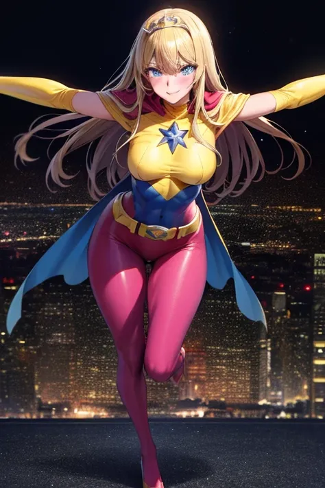 ((best quality)), ((masterpiece)), (detailed), 1 girl, Full body, 19 years old, Smiling face, Blue eyes, Star-shaped tiara, Arms outstretched, Arms behind waist, Blue superhero mask, Blushing, Blonde hair, Straight hair, Long hair, Bangs, 2 star clips in h...