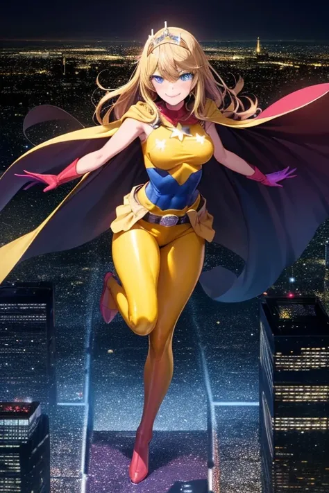 ((best quality)), ((masterpiece)), (detailed), 1 girl, Full body, 19 years old, Smiling face, Blue eyes, Star-shaped tiara, Arms outstretched, Arms behind waist, Blue superhero mask, Blushing, Blonde hair, Straight hair, Long hair, Bangs, 2 star clips in h...