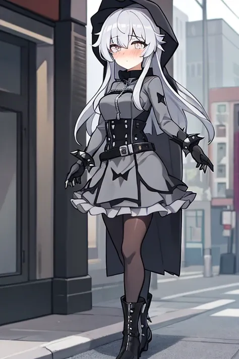 ((best quality)), ((masterpiece)), (detailed), 1 girl, Full body, 18 years old, Depressed face, Silver eyes, Gray zippered hood, Blushing, Silver hair, Straight hair, Bangs, Lock of hair covering her eye, Full body, Medium breasts, Slim body, Metal spikes,...