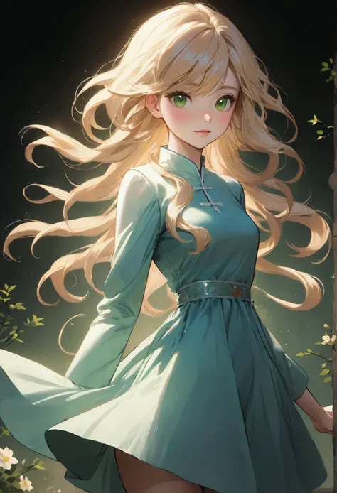 Full body. South Korean webcomic characters. detailed textures to convey realism and depth, with an overall aesthetic similar to webcomic art. Age 24, girl, Hair is naturally straight without bangs, hair color light blond, green eyes. Wear Luxurious dress....