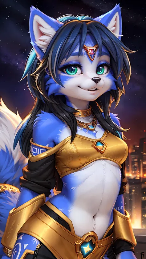 A beautiful and detailed (sweet portrait) wa ((krystal)), Star Fox krystal, sslim, green eyes, medium breasts, (((Long blue hair 1.3))), Decollete, look up, anthro, furry, Uploaded E621, detailed fluffy fur, (wa Fluff-Kevlar, Bayard Wu, personalize me, Pin...