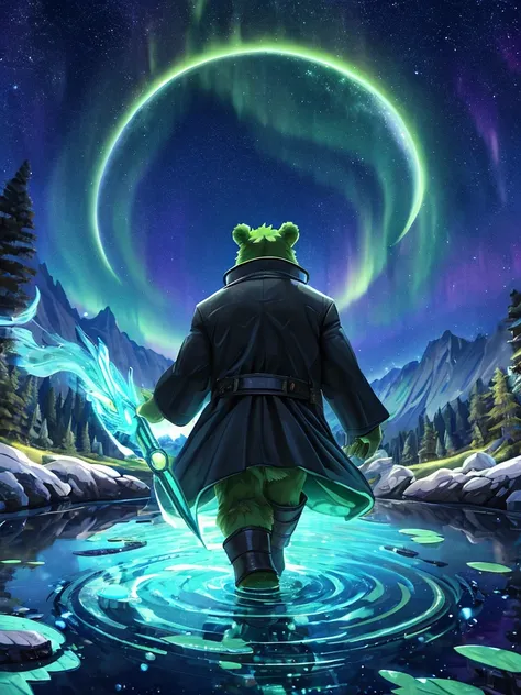 anthro, kemono, male, solo,  (((green bear))), (((green fur))), green hair, beard, white eyebrows, red eyes, mature, mage staff,...