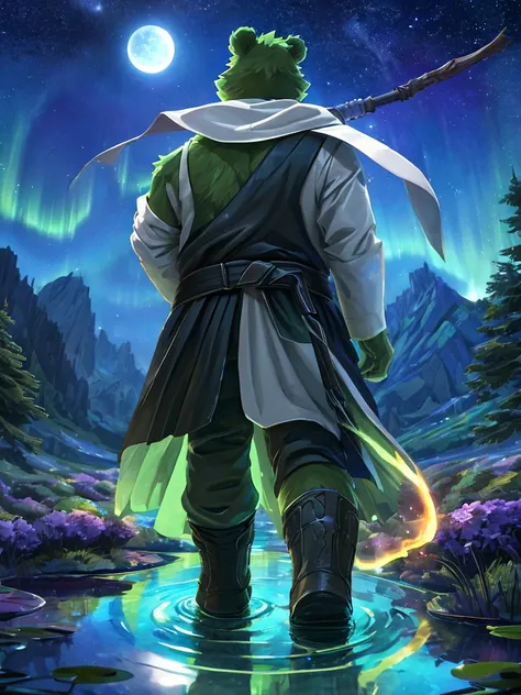 anthro, kemono, male, solo,  (((green bear))), (((green fur))), green hair, beard, white eyebrows, red eyes, mature, mage staff, magic, (black t-shirt inside), (((white unhooded trench coat ))), gray trousers, military boots, [(white background:1.5),::5] (...