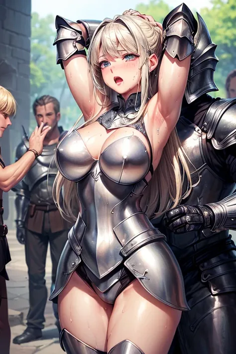 ((masterpiece)), ((Highest quality)), ((Very detailed)),  pretty girl, One girl, ((Silver Armor)),  ((3 men)), ((Her arms were tied by the men)), ((My breasts are rubbed by men)), Open your mouth, Big Tits, ((Smooth blonde hair)), Blushing, Sticking out to...