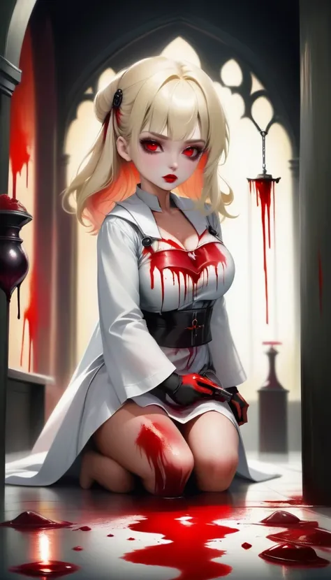 a picture of vampire nurse in a dark hospital, goth hospital, exquisite beautiful nurse, ((full body shot: 1.5)), ((anatomically correct: 1.5)), (ultra detailed face: 1.2), pale skin, dynamic hair style, dynamic hair color, wearing white silk nurse, small ...