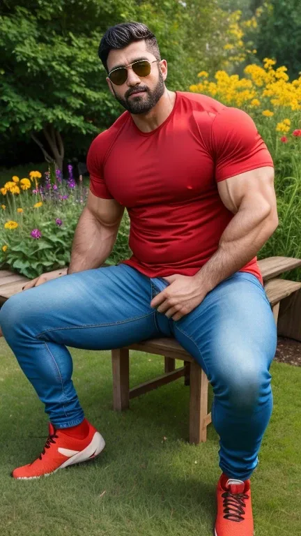 hd, hdr, cinematic, handsome 40 years old tall indian thick beared daddy man masculine strong bodybuilder weared tight red tee s...