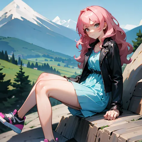 1female, Pink Hair, Blue Sundress, Wavy Hair, Black Leather Jacket, Sneakers, Hazel Eyes, Serious Expression, Lean, High Ranker, Adult Female, Mountain, Sitting on a Rock