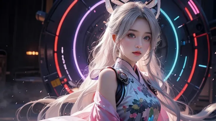 1 Girl Solo， perfect_hand， （8k， RAW photos， best qualtiy， tmasterpiece：1.2）， （realisticlying， photograph realistic：1.4）， （Very detailed CG Unity 8k wallpaper）， full bodyesbian， （neonlight）， Machop， Robotic arm， Hanfu， Chinese outfit， shift dresses，Hair ape...