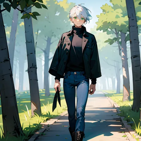 1male, White Hair, Black Turtleneck, Straight Hair, Blue Jeans, Combat Boots, Green Eyes, Calm Expression, Tall, Regular Ranker, Young Male, Forest, Walking along a Path