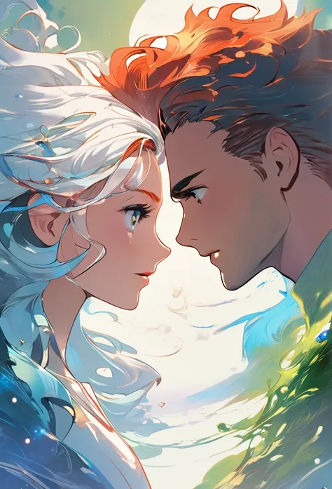 Two main characters staring at each other intensely. The woman has curly red hair that falls long over her shoulders., with eyes that mix the colors of honey and green. The man has short white hair with shades of light blue, gray blue eyes and a blue tatto...