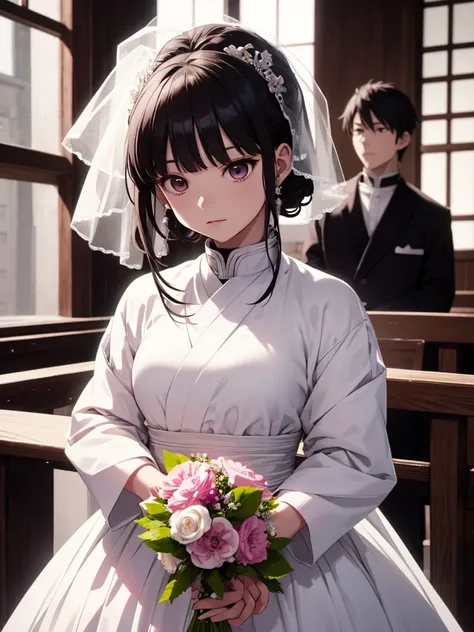 Kanao from demon slayer anime, 1girl, as a bride, wearing white colour wedding dress, at a wedding ceremony, black colour kanaos  hair, 8k, high detailed, high quality