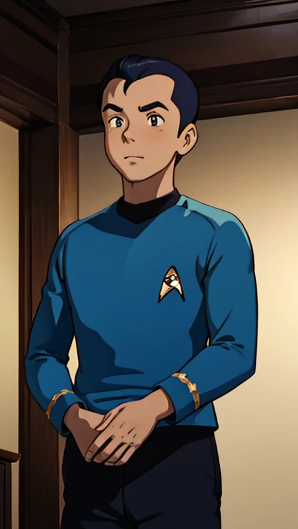 (Teens:1boy: Tintin,startrektos uniform), (extremely detailed CG unit 8k wallpaper),(master part), (best quality), (ultra detali), (best illustration),(melhor ombre), cowboy shot, (Sharp eyeliner, ombre, detailed eyes:1), Starship indoors background, ,brea...