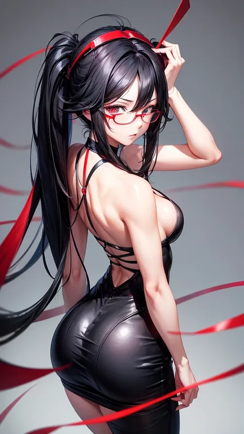 Bblack hair, Eyes red, language, high resolution, HD Model, shorth hair, language para fora, rear view, glasses on head, motion lines, minimalism, anime styling,