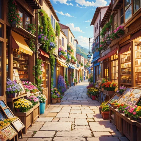 painting of a street with a flower shop , flowers, beautiful art uhd 4 k, a beautiful artwork illustration, beautiful digital painting, highly detailed digital painting, beautiful digital artwork, a bustling magical town, mediterranean fisher village, medi...