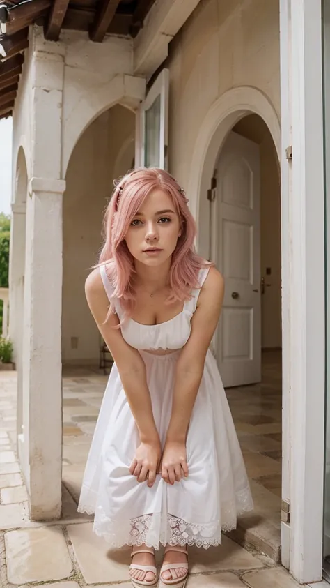 Masterpiece, best quality, super detailed, illustration, beautiful detailed eyes, close up, 1 girl, pink hair, white dress, villa doorway, standing position, face down