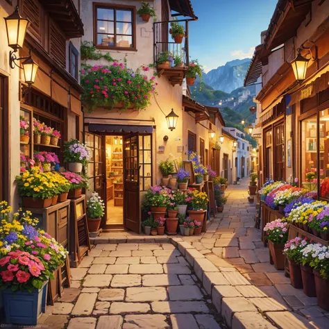 painting of a street with a flower shop , flowers, beautiful art uhd 4 k, a beautiful artwork illustration, beautiful digital painting, highly detailed digital painting, beautiful digital artwork, a bustling magical town, mediterranean fisher village, medi...