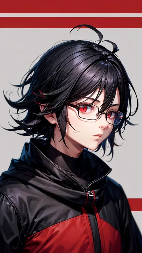 Bblack hair, Eyes red, language, high resolution, HD Model, shorth hair, language para fora, rear view, glasses on head, motion lines, minimalism, anime styling,1 young boy